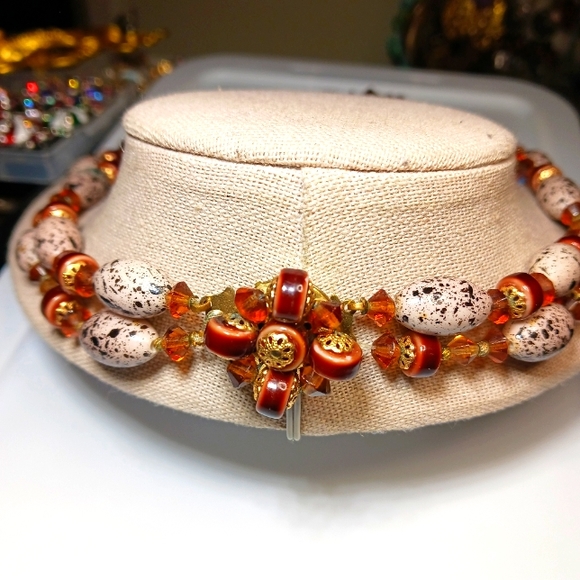 Pastel Speckled Robin's Egg Beads with Brown Crystal AB & Gold tone Necklace - Picture 4 of 8